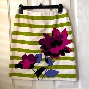 Boden white and green stripe A-line skirt with floral appliqué 4R